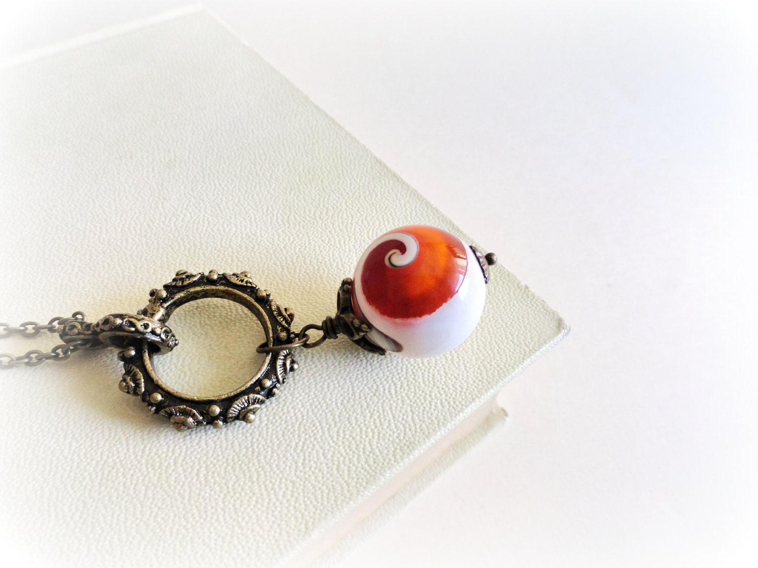 Apple snail- long Necklace Shell pendant Orange  angerine citrus white antiqued brass gift for her