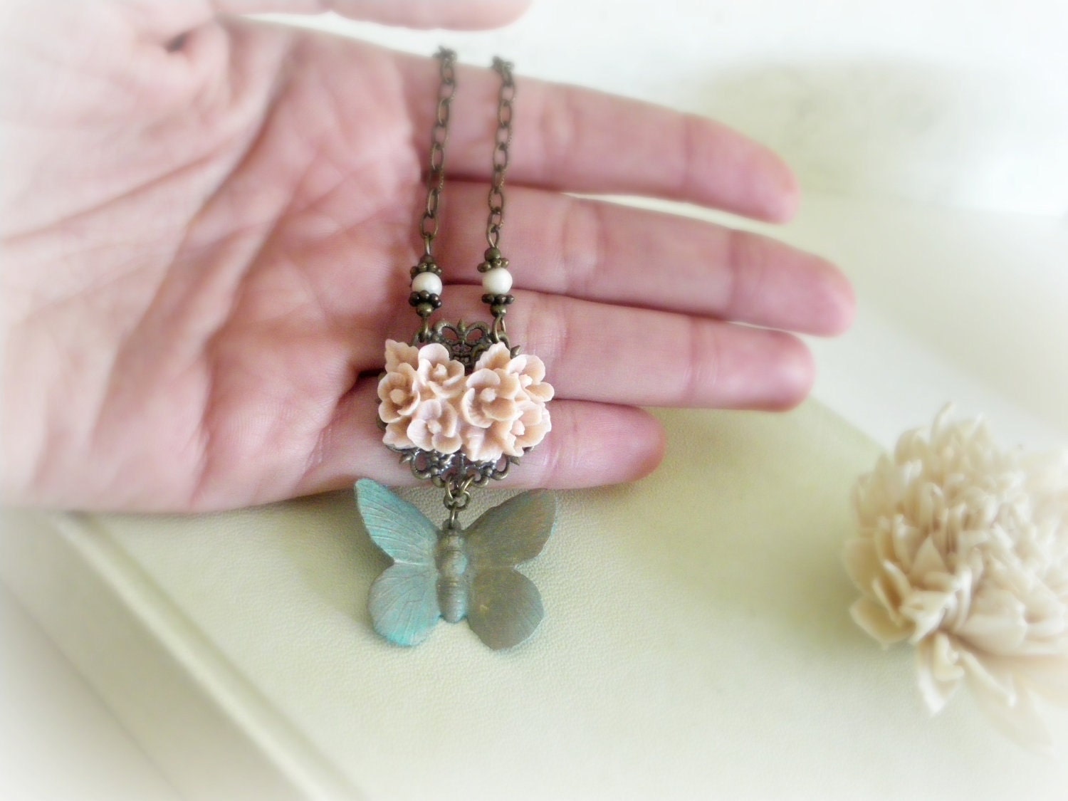 Butterfly and roses - Romantic Necklace blue turquoise Pink resin flower cameo verdigris patina ivory filigree gift for her Woodland jewelry