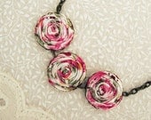Wild Flowers Necklace in Summer Shades of Pastel Pink, Romantic Rose, Vintage Cream & Green Fabric Rosettes