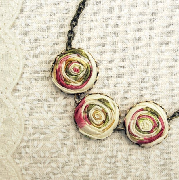 Pink River Rose Necklace in Petite French Posy, Moss Green & Golden Yellow Floral Fabric Flowers