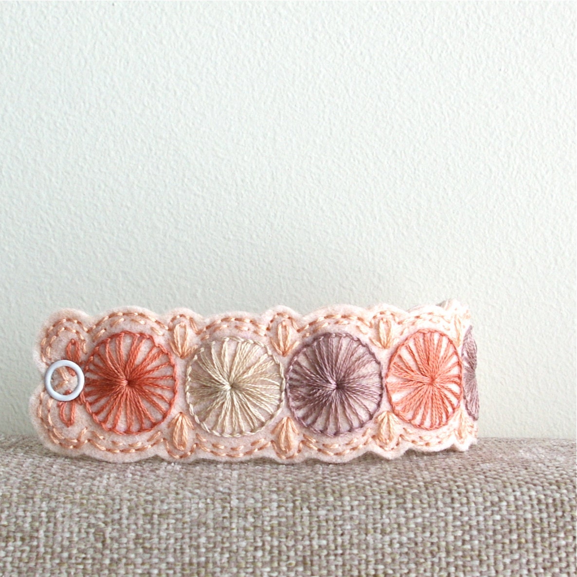 Wool Felt Bracelet Wristband Cuff // Hand Embroidered // Sweet Pea // LoftFullOfGoodies