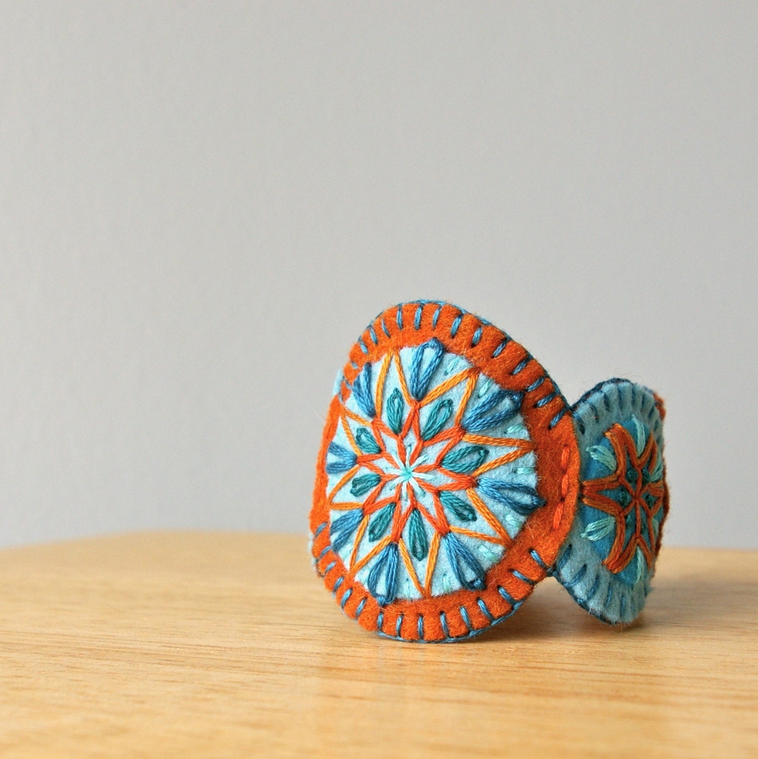 Penny Wool Felt Bracelet Wristband Cuff // Hand Embroidered // Copper & Turquoise // LoftFullOfGoodies