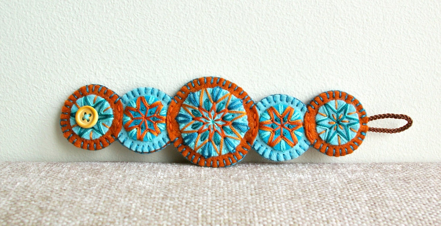 Penny Wool Felt Bracelet Wristband Cuff // Hand Embroidered // Copper & Turquoise // LoftFullOfGoodies