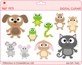 animals clipart digital clip art dog cat snake hamster frog turtle bunny chinchilla mouse guinea - Pets Digital Clipart