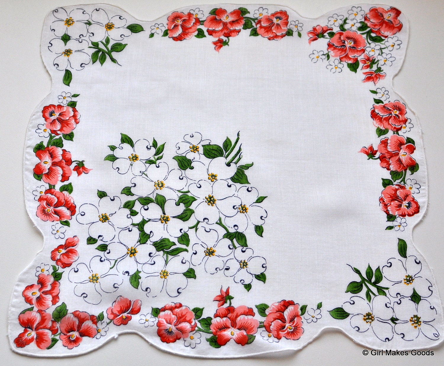 Vintage Floral Handkerchief with Dogwoods--No. 2168