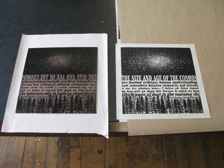 COSMOS - woodcut -  orignal relief print - Carl Sagan - Quote - Stars