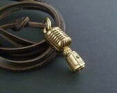 Microphone Necklace Bronze Microphone Pendant on Leather