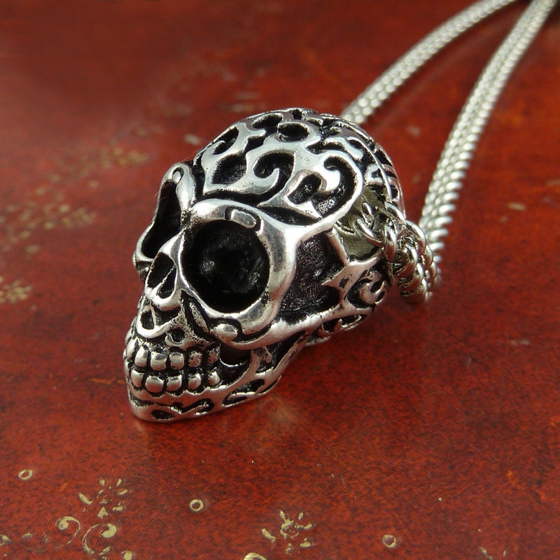 Day of the Dead Skull Necklace with Tribal Motif, Antique Silver on 18" Antique Silver Chain
