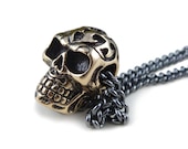 Skull Necklace Small Day of the Dead Skull Pendant on 24" Gunmetal Chain