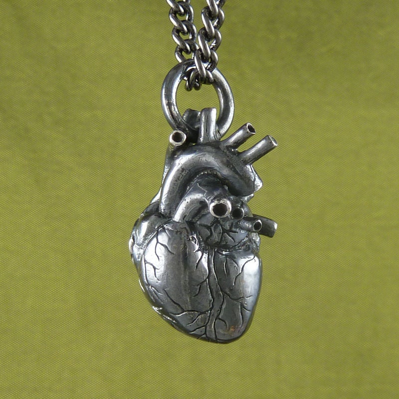 Sterling Silver Black Heart Anatomical Heart Necklace - Oxidized .925 Anatomical Heart Pendant on 24" Gunmetal Chain - Black Heart