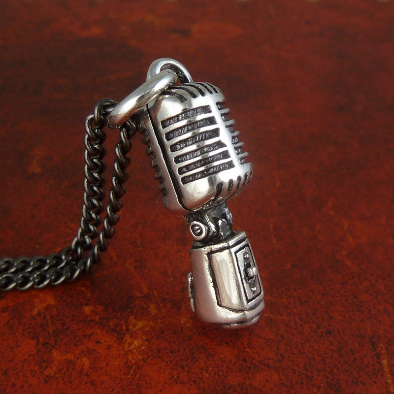 Microphone Necklace Antique Silver Microphone Pendant on 24" Gunmetal Chain