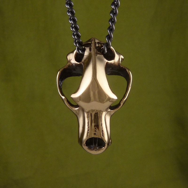 Bear Skull Necklace Bronze Cave Bear Skull Pendant on 24" Gunmetal Chain