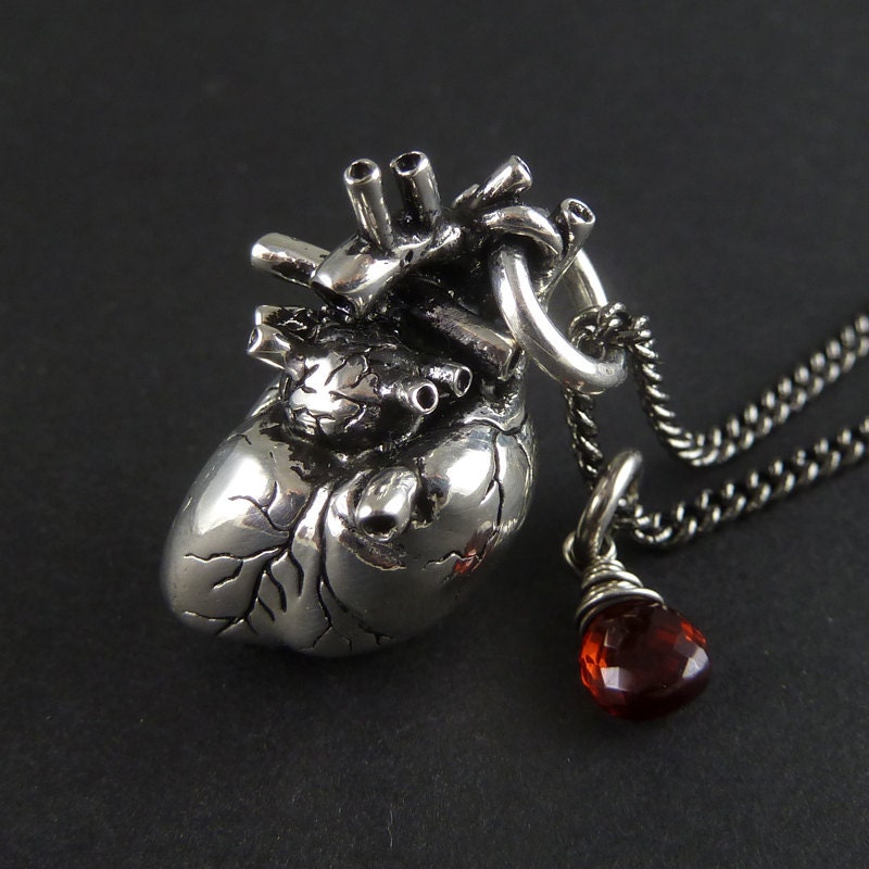 Anatomical Heart Necklace with Sterling Silver Wire Wrapped Garnet - Antique Silver Anatomical Heart Pendant on 24" Gunmetal Chain