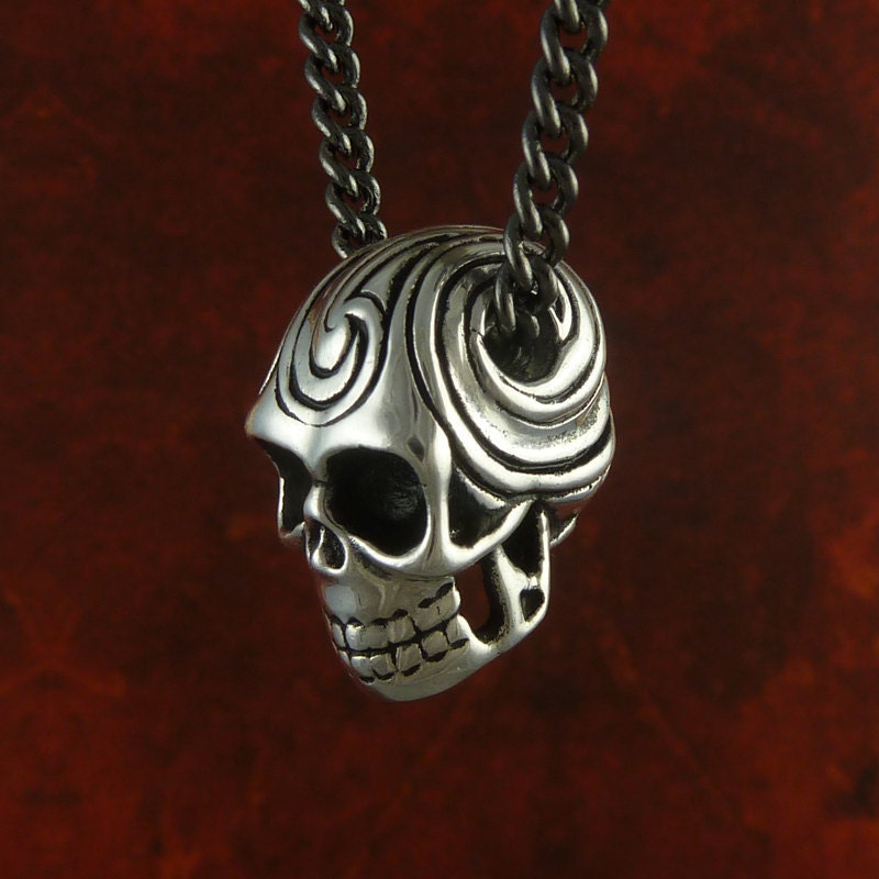 Skull Necklace Antique Silver Maori Tattoo Skull Necklace on 24" Gunmetal Chain