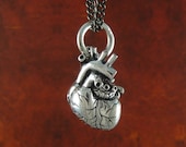 Small Anatomical Heart Necklace Antique Silver Small Anatomical Heart Pendant on 24" Gunmetal Chain