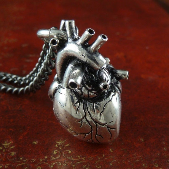 Valentines Day Heart Jewelry Anatomical Heart Necklace Antique Silver Anatomical Heart on 32" Gunmetal Chain