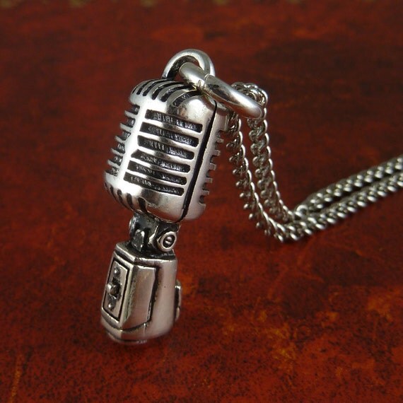 Rockabilly Necklace Microphone Antique Silver Microphone Pendant on 24" Antique Silver Chain