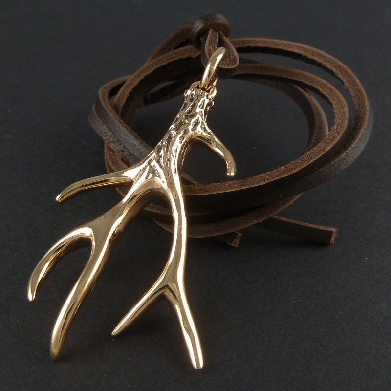 Antler Necklace Bronze Antler Pendant on Leather - Deer Necklace