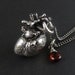 Anatomical Heart Necklace with Sterling Silver Wire Wrapped Garnet - Antique Silver Anatomical Heart Pendant on 24" Gunmetal Chain