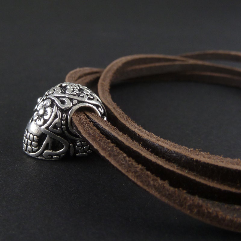 Day of the Dead Bracelet Antique Silver Day of the Dead Leather Bracelet