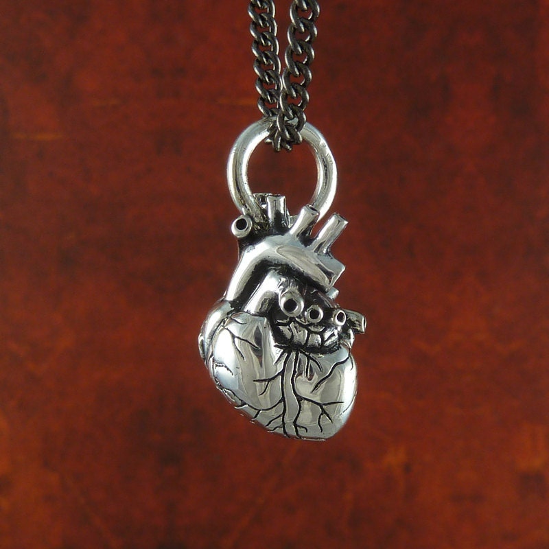 Small Anatomical Heart Necklace Antique Silver Small Anatomical Heart Pendant on 24" Gunmetal Chain