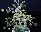 Wire Wrapped Gift Tree Sculpture / Paper Weight with Olive Swarovski Pearls and Crystals in Glass Holder