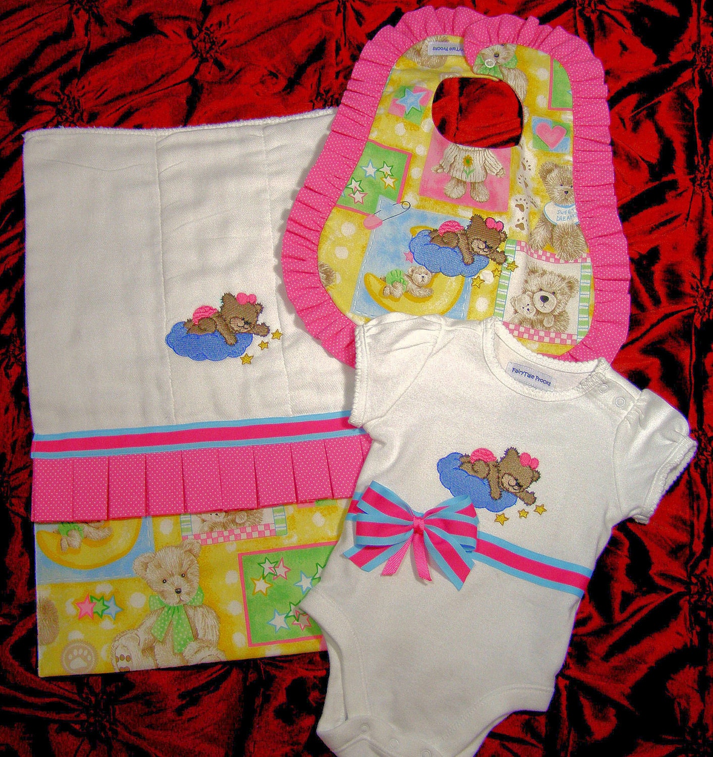 Penny Pink Bear Baby Girl Gift Set:  Onesie, Bib, Burpee by FairyTale Frocks