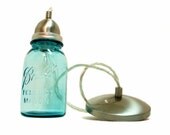 Upcycled Antique Blue Quart Mason Jar Hanging Pendant Light Fixture Vintage - Nickel Finish - Clear Adjustable Cord