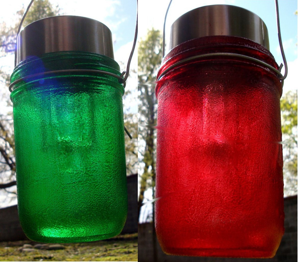 Set Of 2 Upcycled Glass Mason Jar Solar Light Hanging Lamps Spring Summer Garden Party Wedding - You Choose The Colors