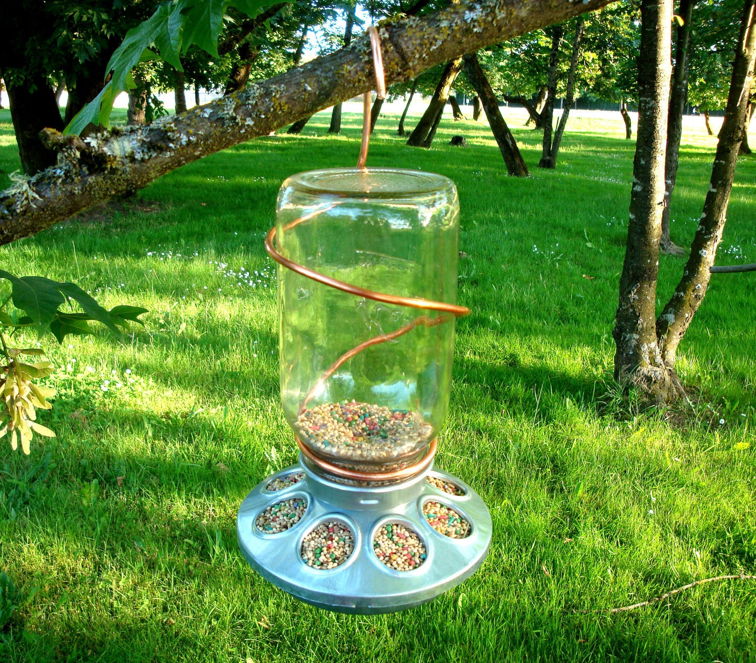 Upcycled Rustic Country Mason Jar Bird Feeder With Copper Hanger