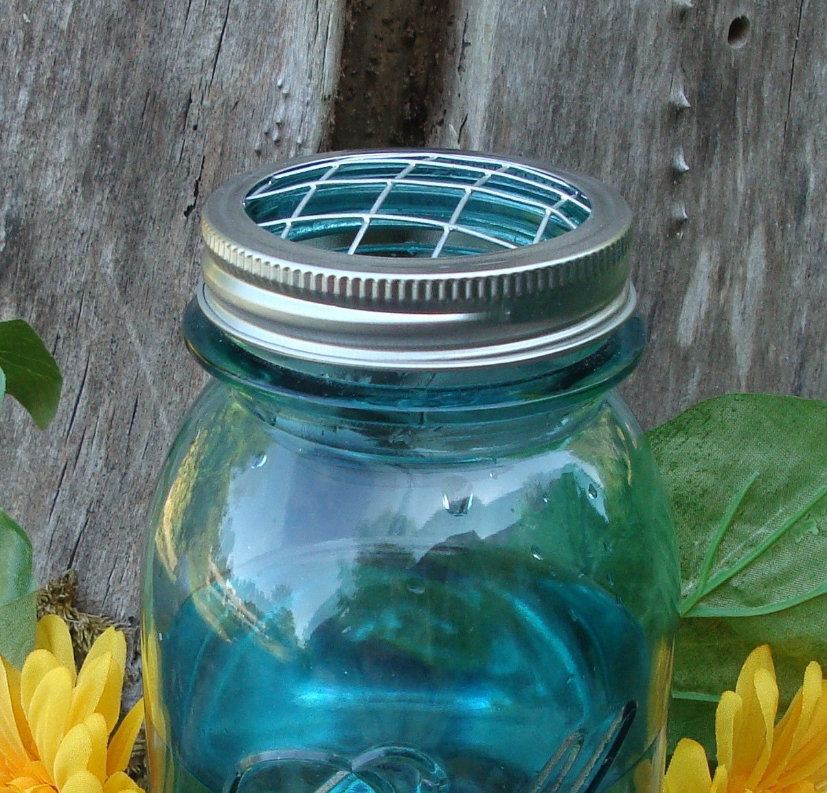 Antique Blue Mason Jar Flower Vase With Frog Lid