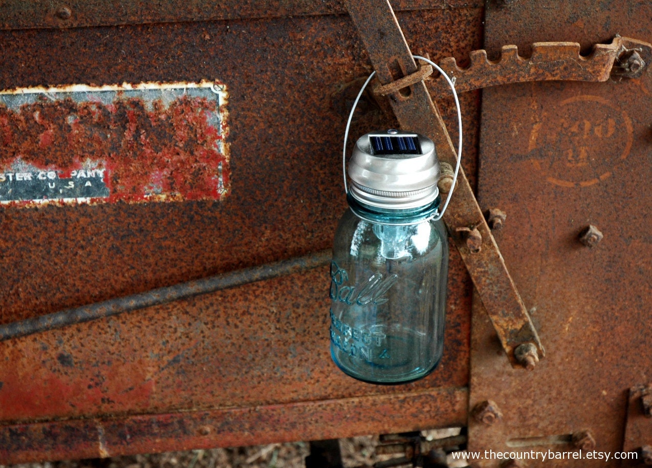 Hanging Antique Blue Mason Jar Solar Light QUART Perfect Mason - High Quality