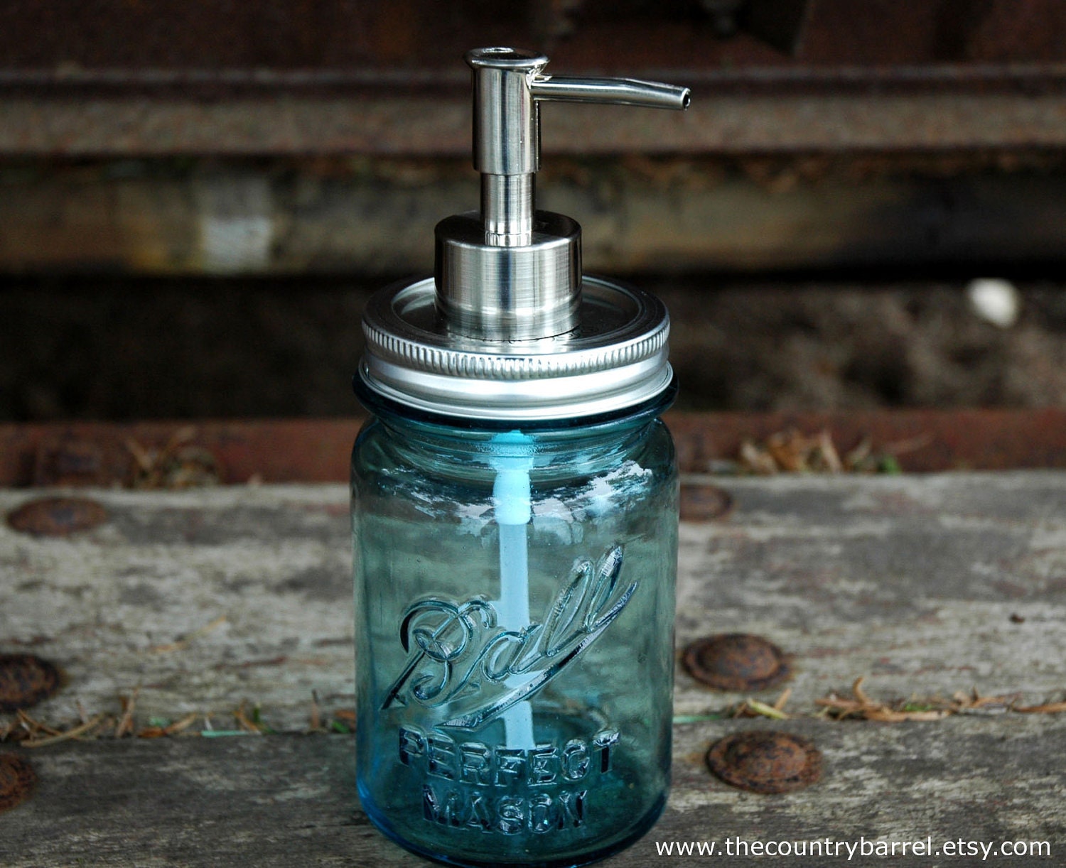 Antique Blue Ball Mason Jar Brushed Nickel Soap or Lotion Dispenser