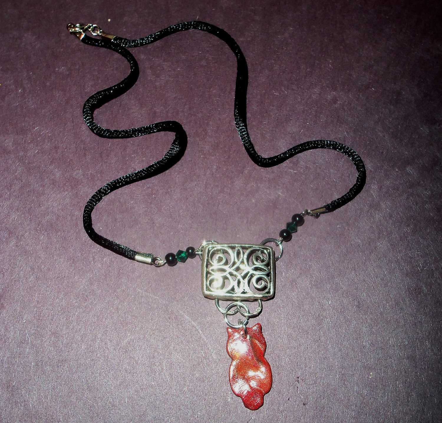 OOK Upcycled Owl Necklace Red Marbled Polymer Clay Animal Bird Halloween Party Birthday Present  Free Shipping