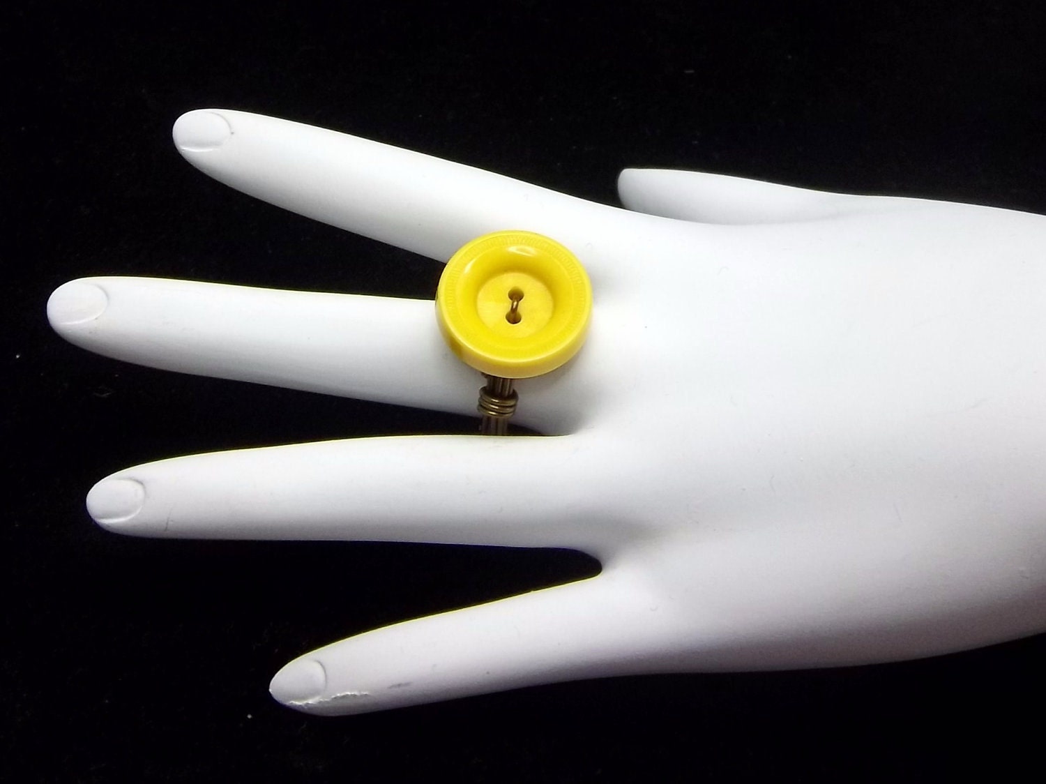 Yellow Ring Wire Wrapped With Vintage Button Handmade
