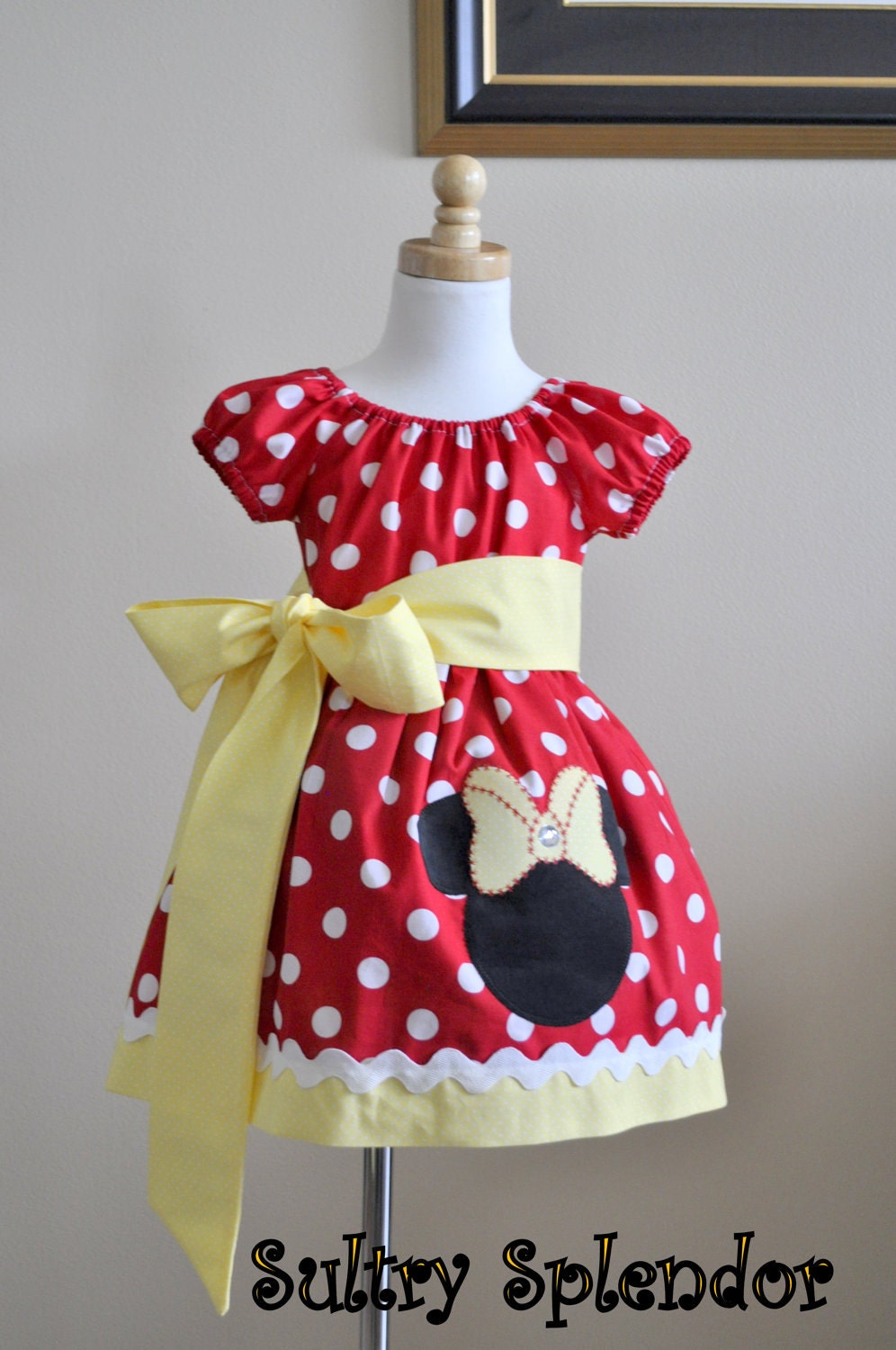 Red Polka Dots Minnie Mouse Peasant Dress with Applique