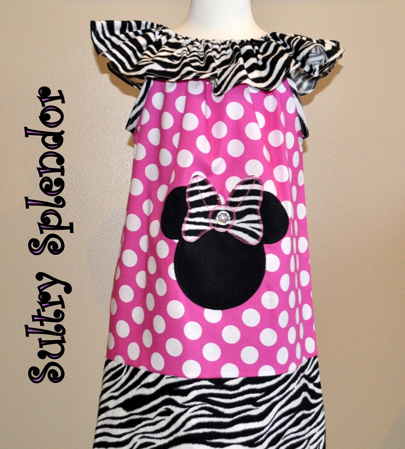 Pink Polka Dots with Zebra Minnie Mouse Ruffle Neck Dress With Applique