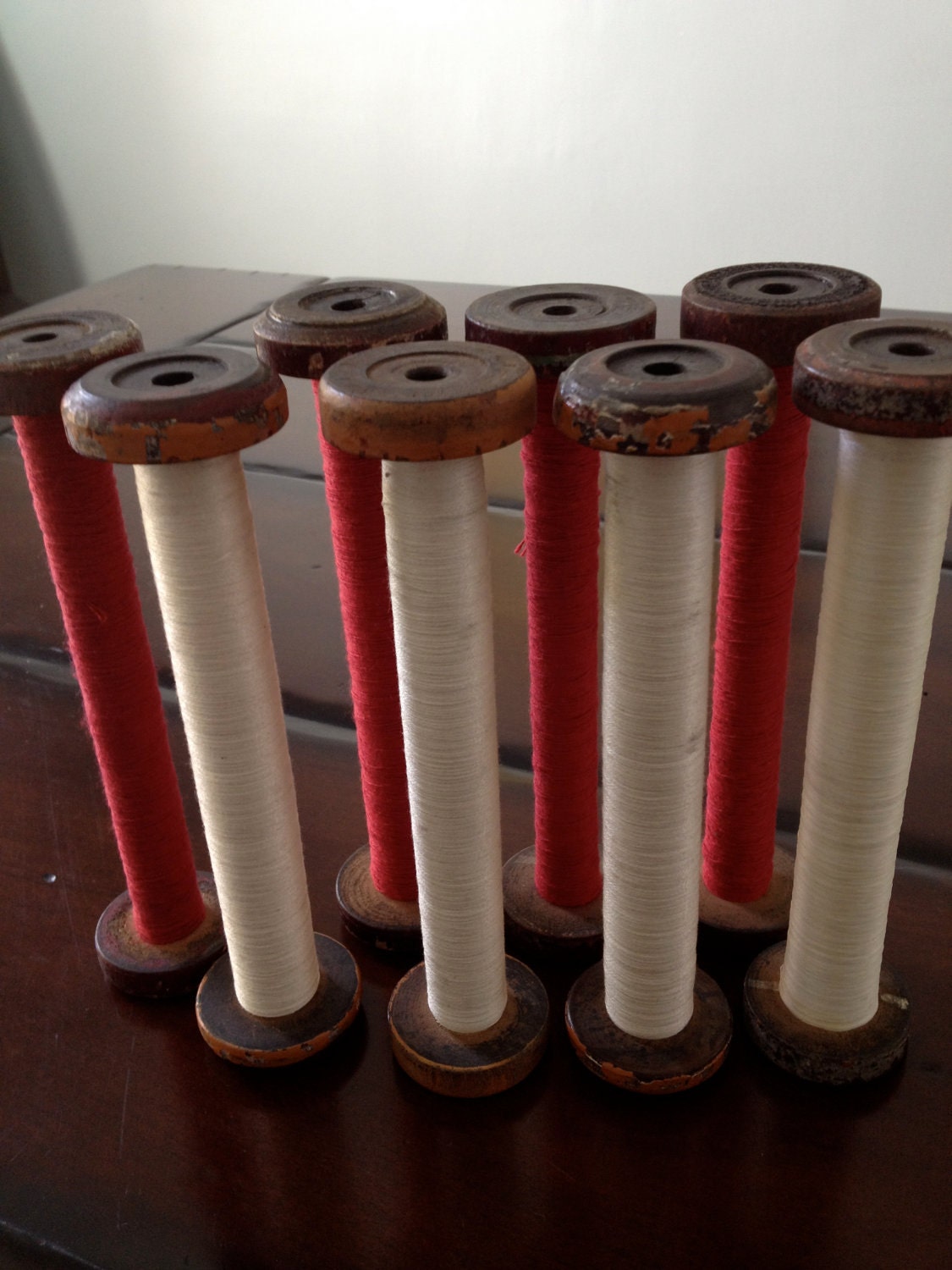 Vintage Wooden Spools with Red and White Thread