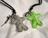 Miniature zombie worry doll pendant with silver chrome weapon charm hand stitched doll tiny mini lime gray gun grenade