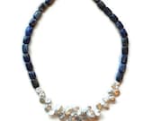 Pearl and Lapis Necklace, White Ivory Keshi Pearls, Blue Gemstones, Hand Knotted
