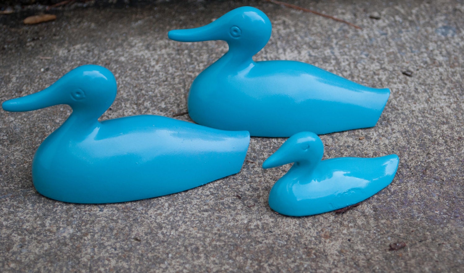 Deep Water Blue Duck Family. Knick Knacks. Brass. Painted. Home Decor. Bookshelf