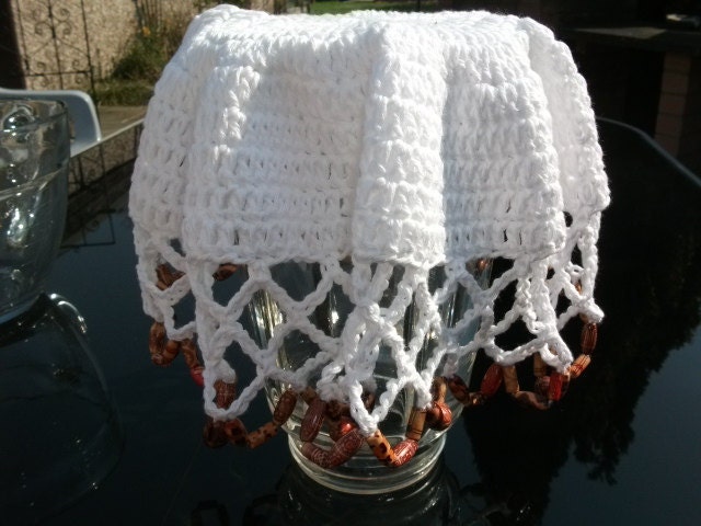 SALE Crochet Beaded Jug/Bowl Cover in White Cotton. Picnics, Dining, Outdoor Living, Alfresco, Spring, Summer