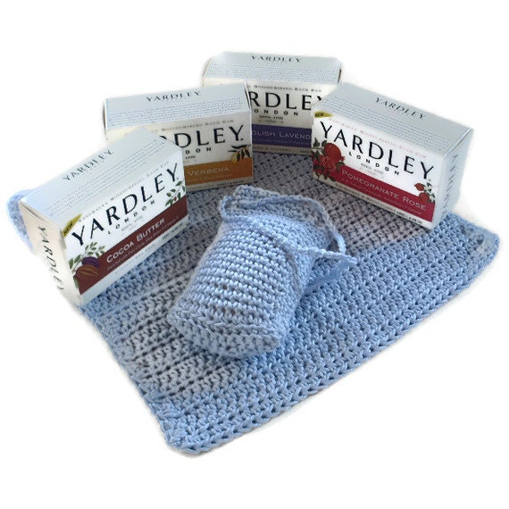 Crochet Cotton Wash Set & Soap in Pale Blue