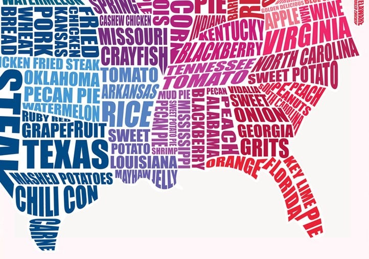 American Gastronomy map red and blue // typographical print