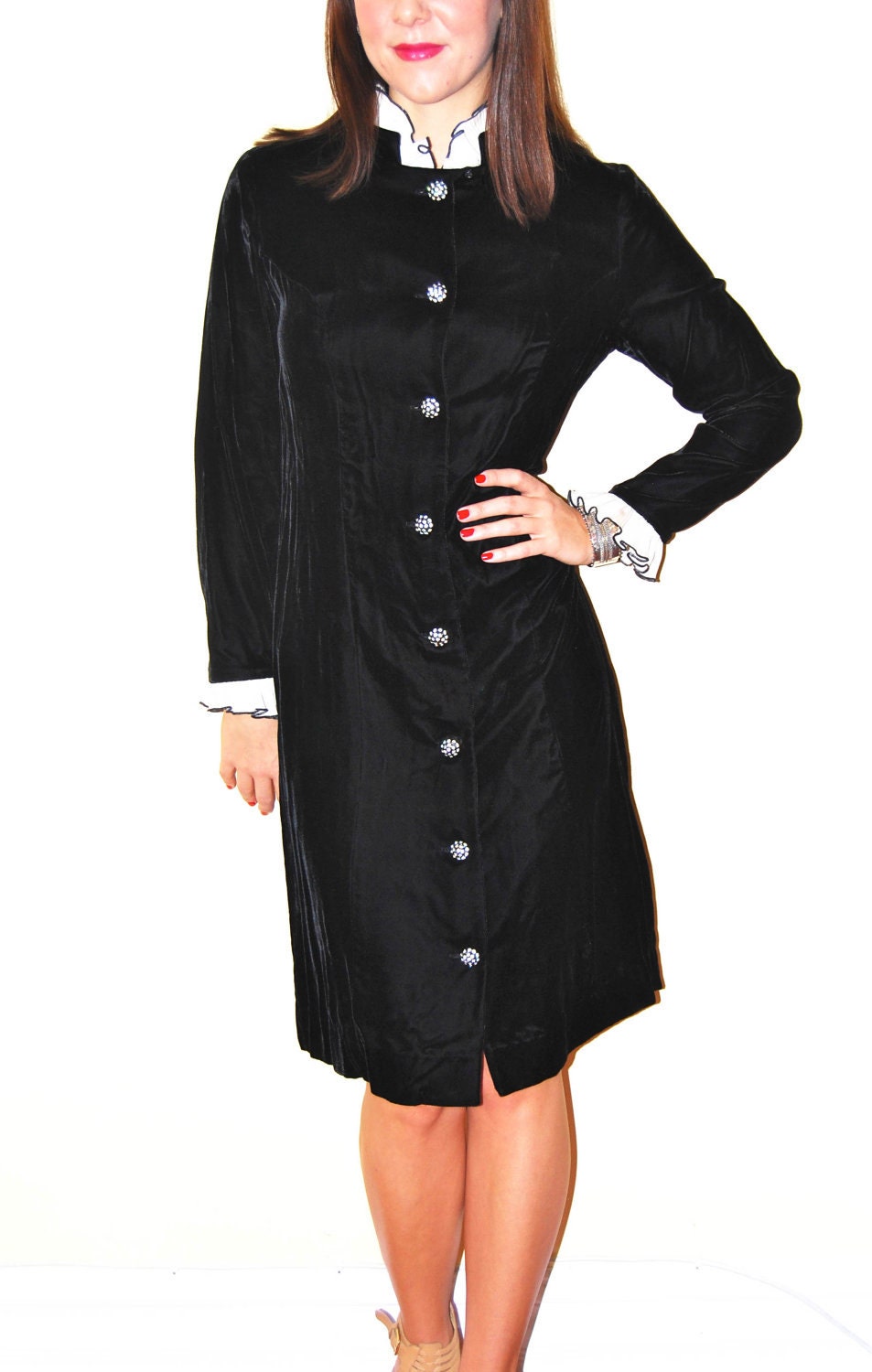 Vintage 60s Black and White Classic Velvet Ruffle Rhinestone Button Mod Shirt Dress Small S