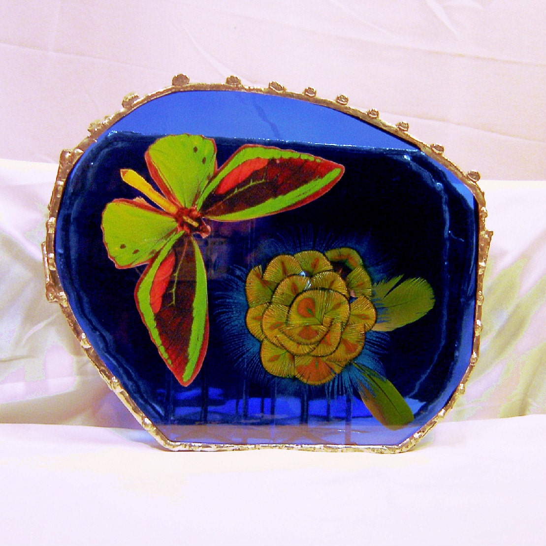 Tea light Candle Holder Butterfly Feathers Flower Cobalt Blue Stained Glass