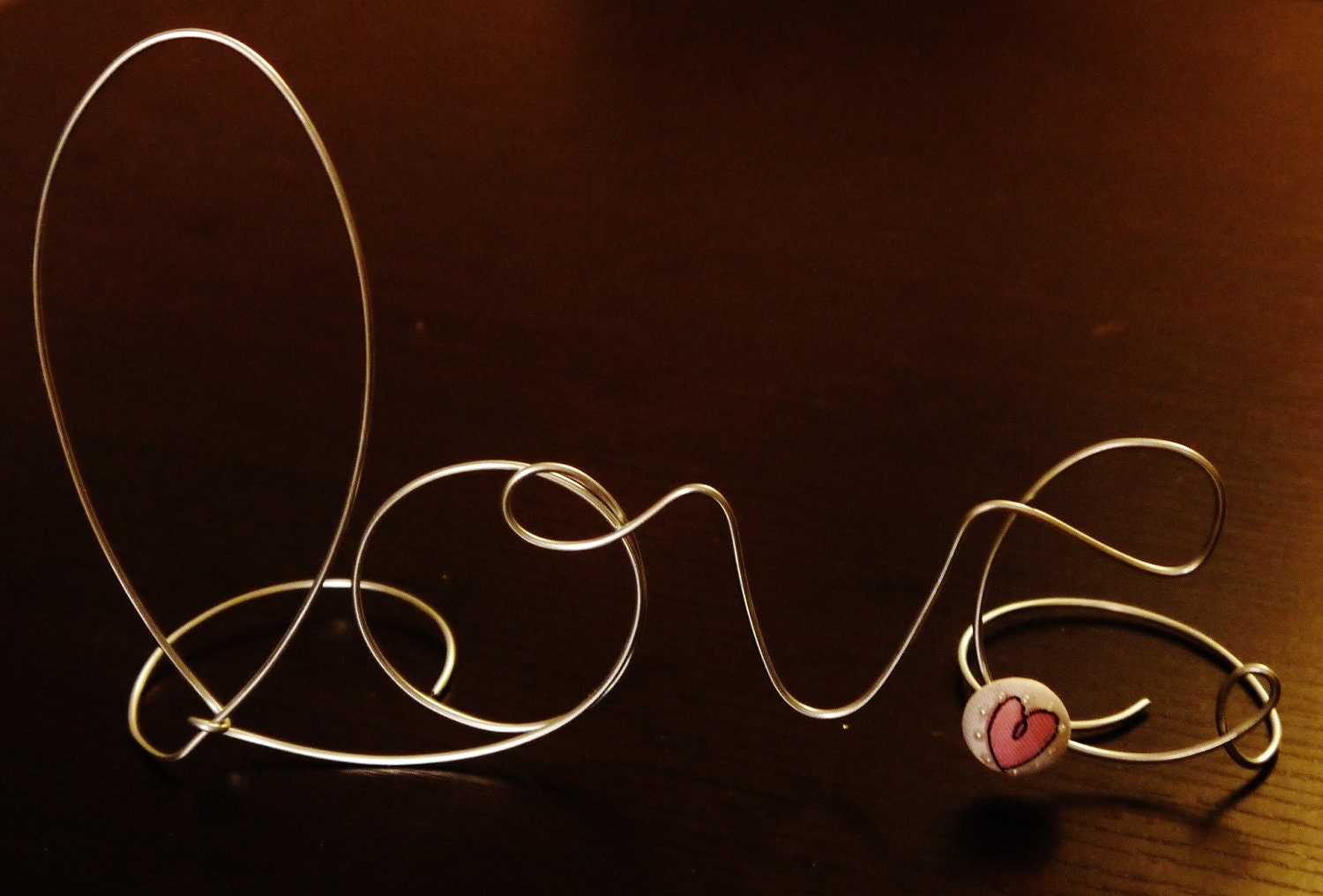 Wire Love Cake Topper with Pink Heart Button Decoration, Wire Word, Wedding CakeTopper, Silver