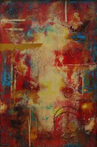 Original Encaustic Painting --Abstract-- Beeswax Art --"Lifes' Journey"--12" x 18"--Red Blue Yellow Brown--Framed-- KLynnsArt