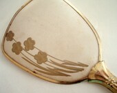 Heirloom Hand Mirror Gold Brass Vanity White satin Fleurs de Champs Wild Flowers Art Deco 1940s