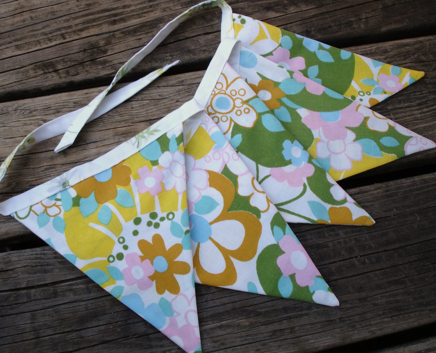 Spring vintage sheet flag bunting, party banner - SleepingOrSewing